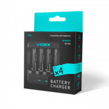 Universal battery charger Videx VCH-N401, Ni-MH/Cd: АА, ААА
Input: Micro USB DC 5V/1A
Output: DC 2.96V 300±30mA x2 