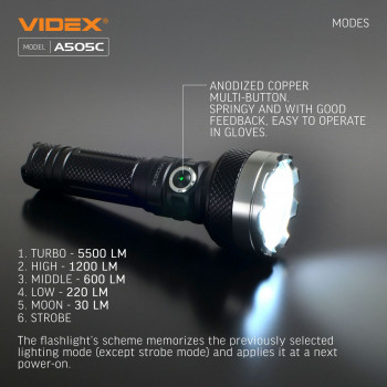 LED Portable Flashlight VIDEX VLF-A505C 5500Lm 5000K