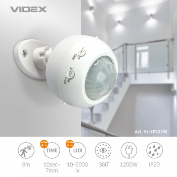 Sensor VIDEX VL-SPS27W, 8m, 10sec-7min, 10-2000lx, 360*, IP20, white