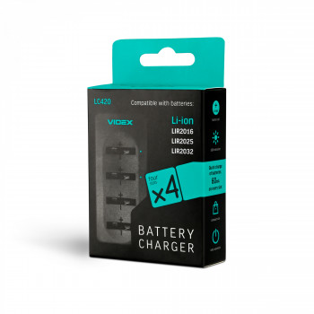 Li-ion Button Cell Battery Charger Videx VCH-LC420, Li-ion: LIR2016, LIR2025, LIR2032
Input: USB Type-C, DC 5V/1A
Output: DC 4.2V, 60mA x4 