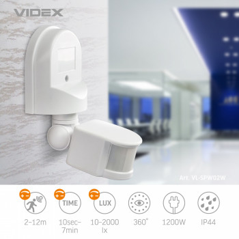 Sensor VIDEX VL-SPW02B, 2-12m, 10sec-7min, 10-2000lx, 180*, IP44, black
