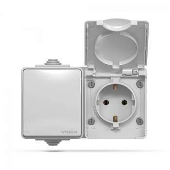 IP65 Schuko socket + switch 1 gang 1 way, surface mounting, Gray VIDEX BINERA VF-BNW3-G