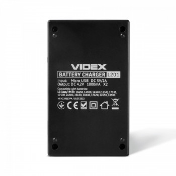 Universal battery charger Videx VCH-L201, Li-ion/IMR: 26650, 22650, 26500, 18650, 18500, 17670, 17500, 17335, 16340(123А), 14500, 10440
Input: Micro USB DC 5V/1A, 5V/2A
Output: DC 4.2V 1000mA x2 