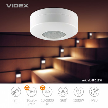 Sensor VIDEX VL-SPC12B, 8m, 10sec-7min, 10-2000lx, 360*, IP20, black