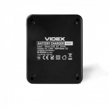 Universal battery charger Videx VCH-N401, Ni-MH/Cd: АА, ААА
Input: Micro USB DC 5V/1A
Output: DC 2.96V 300±30mA x2 