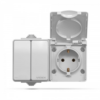 IP65 Schuko socket + switch 2 gang 1 way, surface mounting, Gray VIDEX BINERA VF-BNW32-G