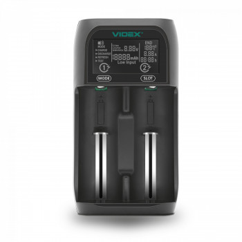 Universal battery charger Videx VCH-UT201, Li-ion/IMR: 10440, 14500, 16340, 17500,17650,17670, 18490, 18500, 18650, 20700, 21700, 22650, 26500, 26650, 36250; Ni-MH/Cd: АААА, ААА, АА, А, SC,C, D
Input: USB Type-C, DC 5V/2A, 10W
Output 1: DC 4,2V 1A X2/2A X