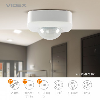 Sensor VIDEX VL-SPC24W, 2-8m, 10sec-7min, 10-2000lx, 360*, IP54, white