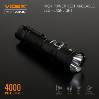 LED Portable Flashlight VIDEX VLF-A406 4000Lm 6500K