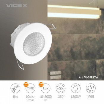 Sensor VIDEX VL-SPR17W, 8m, 10sec-7min, 10-2000lx, 360*, IP65, white
