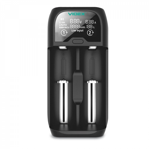 Universal battery charger Videx VCH-UD200, 10440, 14500, 14650, 16340, 17335, 17500, 17670, 18350, 18500, 18650,18700,20700, 21700, 22650, 22700, 26500, 26650; Ni-MH/Cd: АААА, ААА, АА, А, SC, C
Input: USB Type-C, DC 5V/2A, 10W
Output: DC 1.48V 1000mА Ni-M
