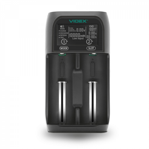 Universal battery charger Videx VCH-UT201, Li-ion/IMR: 10440, 14500, 16340, 17500,17650,17670, 18490, 18500, 18650, 20700, 21700, 22650, 26500, 26650, 36250; Ni-MH/Cd: АААА, ААА, АА, А, SC,C, D
Input: USB Type-C, DC 5V/2A, 10W
Output 1: DC 4,2V 1A X2/2A X
